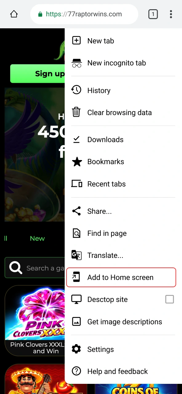 Select Add to Home Screen to install the Raptor Wins app.