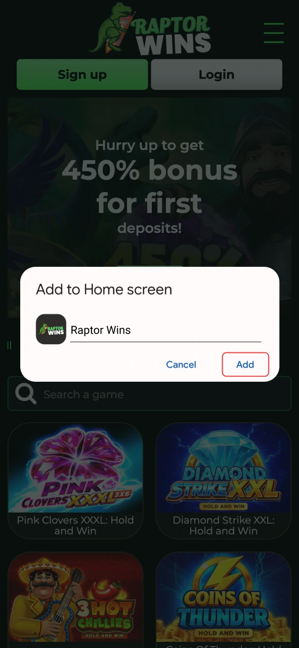 Tap Add to confirm and finish installing Raptor Wins.