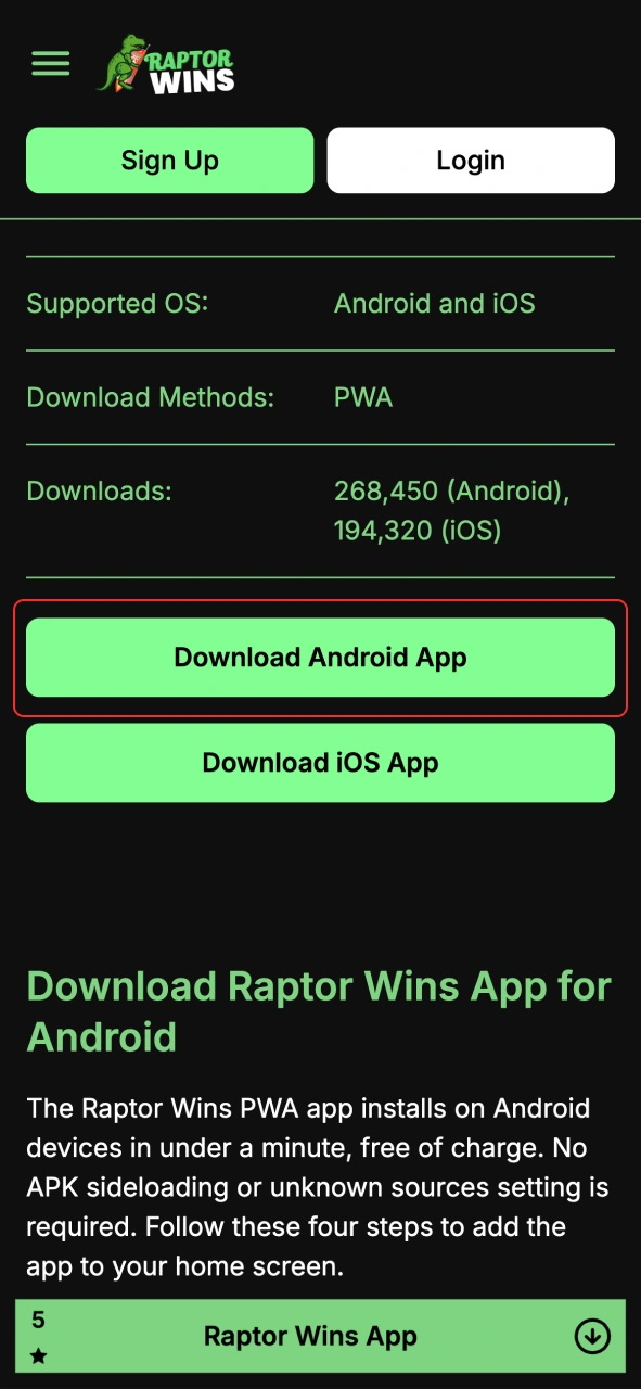 Click the download button to get the Raptor Wins Android app now.