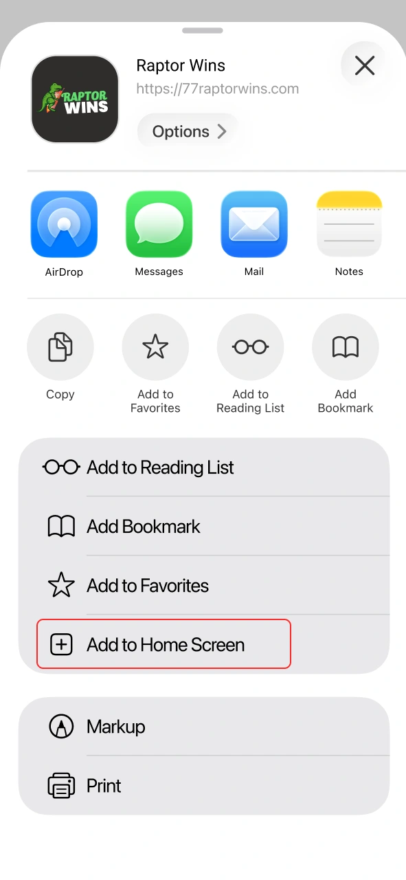 Select Add to Home Screen to set up the Raptor Wins iOS app.