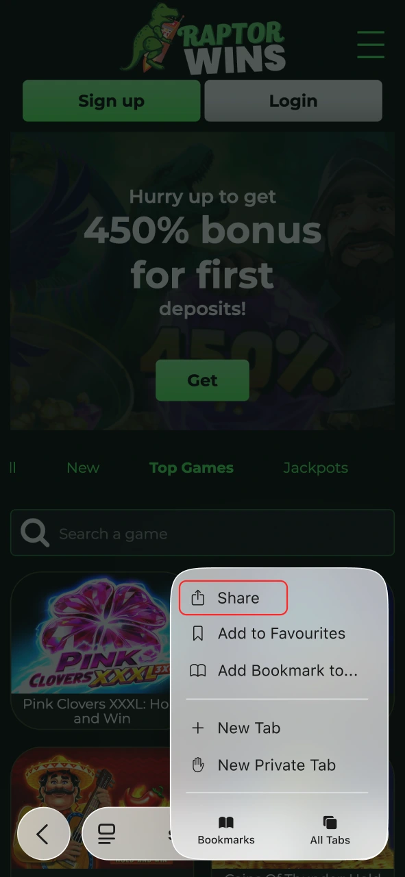 Tap the Share icon in Safari to install Raptor Wins.