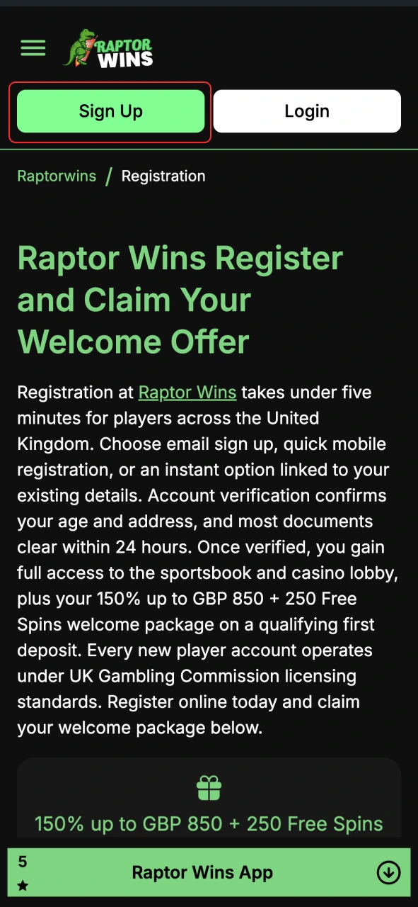 Click the Register button to start your Raptor Wins sign up today.