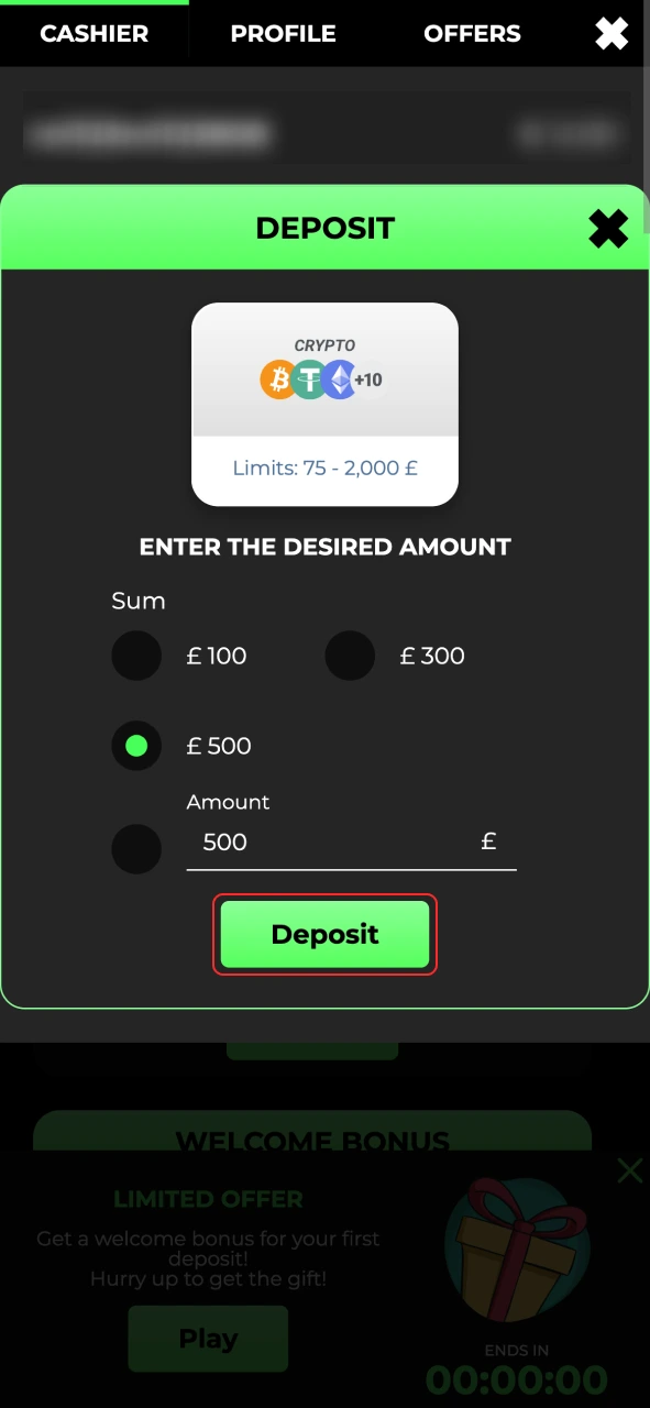 Set your deposit limits and make a deposit at Raptor Wins now.