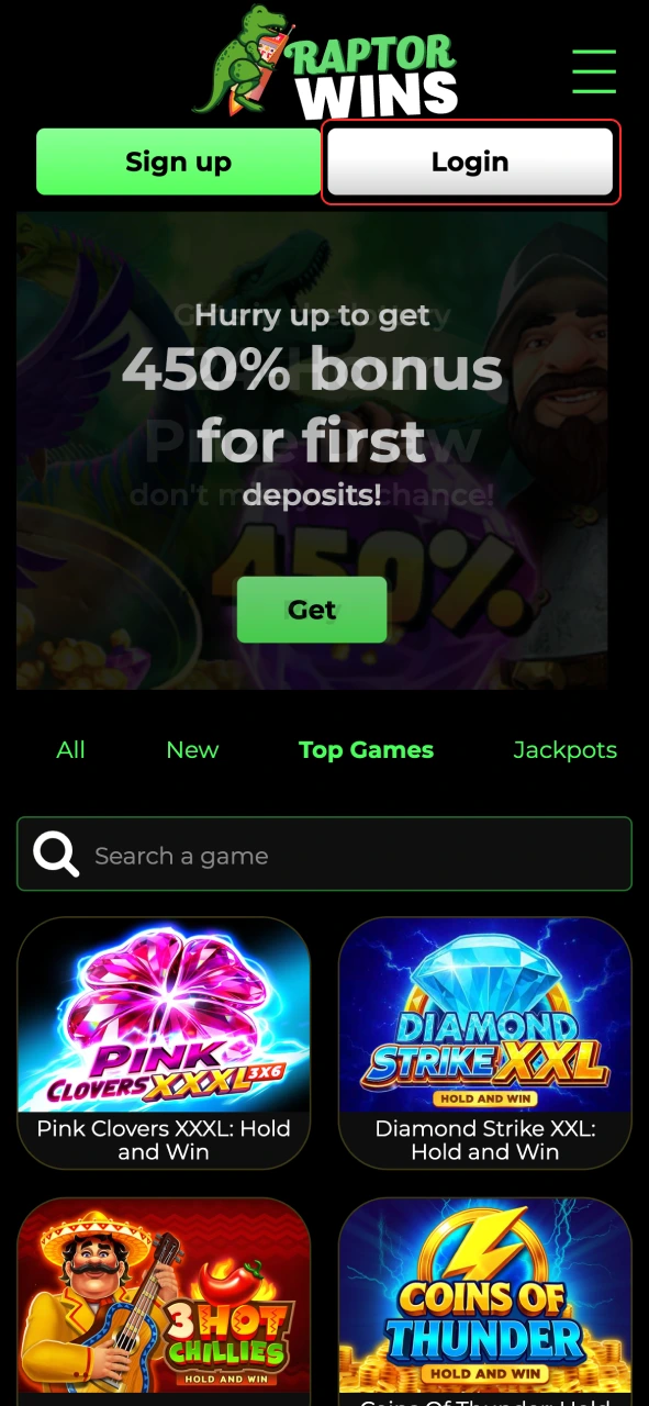 Click the Login button on the top right to access Raptor Wins today.