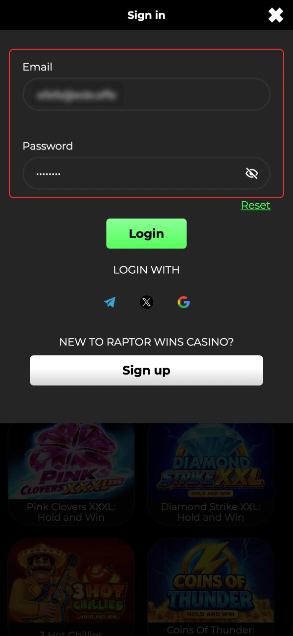 Enter your credentials to log in to your Raptor Wins account today.